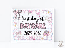 Cute First Day Of Daycare Sign PRINTABLE School Sign Photo Prop, Instant Download, Pastel Coquette Bow Girly Whimsical Soft Colors, Modern