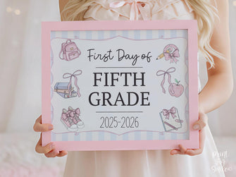 Pastel First Day Of 5th Grade Sign PRINTABLE Fifth Grade School Sign Photo Prop Instant Download Cute Coquette Bow Girly Whimsical Modern