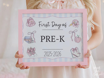 Pastel First Day Of Pre-K Sign PRINTABLE PreK School Sign Photo Prop, Cute Instant Download, Coquette Bow Girly Whimsical Soft Colors Modern