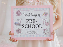 Pastel First Day Of Preschool Sign PRINTABLE School Sign Photo Prop, Cute Instant Download, Coquette Bow Girly Whimsical Soft Colors Modern