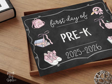 Pastel First Day Of Pre-K Sign PRINTABLE PreK School Sign Photo Prop, Cute Chalkboard, Coquette Bow Girly Whimsical Soft Colors Modern