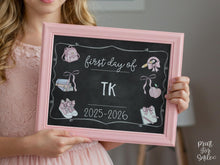 Pastel First Day Of TK Sign PRINTABLE School Sign Photo Prop, Cute Chalkboard, Coquette Bow Girly Whimsical Soft Colors, Modern