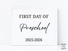 Modern First Day Of Preschool Sign PRINTABLE Minimalist Back To School Sign, Photo Prop Simple Script, Bold Clean Classic