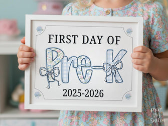 First Day Of Pre-K Sign Modern Grandmillennial Cute Whimsical Elegant School Sign Photo Prop Coquette Floral Watercolor PRINTABLE