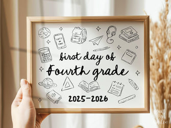 First Day of Fourth Grade Sign PRINTABLE, Cute Back to School Sign, Hand Drawn Illustrated Whimsical Modern Photo Prop, 4th Grade JPG