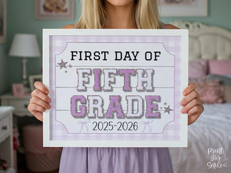 Glitter First Day Of Fifth Grade Sign PRINTABLE, 5th Grade Back To School Sign, Whimsical Bold Modern Elegant Girl Photo Prop