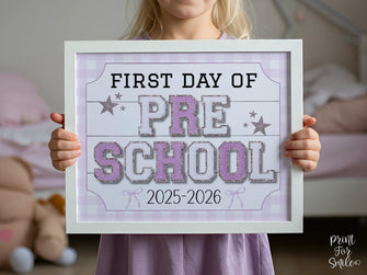 Glitter First Day Of Preschool Sign, PRINTABLE Back To School Sign, Whimsical Bold Modern Elegant Girl Photo Prop