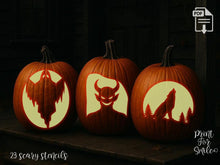 Scary Pumpkin Carving Stencil Set - PRINTABLE Pattern Templates - Grim Reaper, Witch, Skull, Bat, Ghost, Jack O Lantern Instant Download