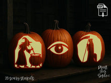 Scary Pumpkin Carving Stencil Set - PRINTABLE Pattern Templates - Grim Reaper, Witch, Skull, Bat, Ghost, Jack O Lantern Instant Download