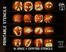 Space Pumpkin Carving Stencil Set, Alien, UFO, Bigfoot, Ghost, Skull, T-Rex, Cat, Astronaut PRINTABLE Pattern Templates