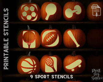 Sport Pumpkin Carving Stencil Set - Soccer, Ping Pong, Dumbbell, Golf, Football, Baseball, Basketball, Tennis Skateboard PRINTABLE Templates
