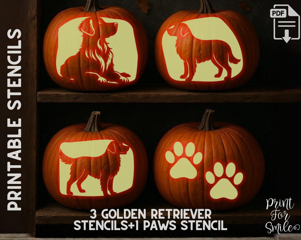 Golden Retriever Pumpkin Carving Stencil Set, Dog Stencil, Printable H