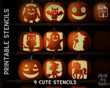Kids Pumpkin Carving Stencil Set, Cute Smiling PRINTABLE Templates - Bat, Ghost, Owl, Monster, Cat, Unicorn, Witch