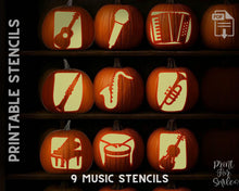 Music Pumpkin Carving Stencil Set - Guitar, Saxophone, Trumpet, Piano, Violin, Drum PRINTABLE Halloween Jack O' Lantern Templates