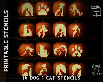 Cat Dog Pumpkin Carving Stencil Set - Printable Halloween Jack O' Lant