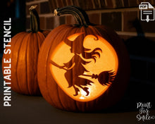 Witch Flying On A Broom Pumpkin Carving Stencil Template Spooky Halloween PRINTABLE