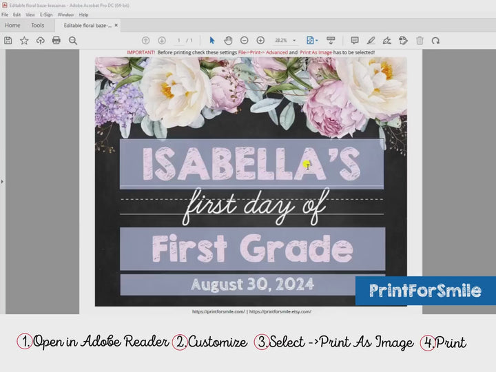 Editable First day of school sign floral