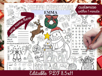 Christmas Coloring Placemats Kids PRINTABLE Personalized