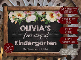 Editable first day of school sign printable floral