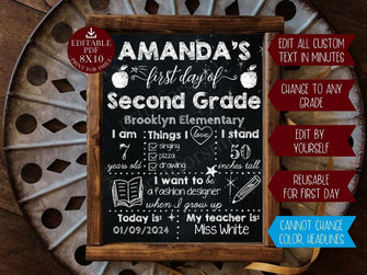 First Day Of School Sign Editable PRINTABLE Chalkboard PDF Template